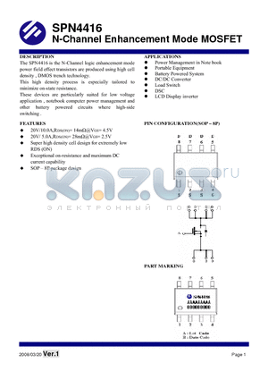 SPN4416S8TG datasheet - N-Channel Enhancement Mode MOSFET