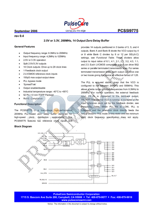 PCS5I9775 datasheet - 2.5V or 3.3V, 200MHz, 14 Output Zero Delay Buffer