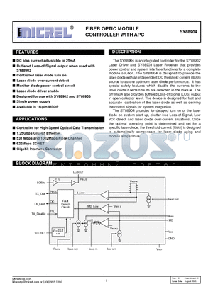 SY88904 datasheet - FIBER OPTIC MODULE CONTROLLER WITH APC