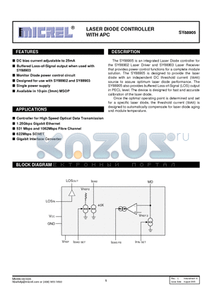SY88905 datasheet - LASER DIODE CONTROLLER WITH APC