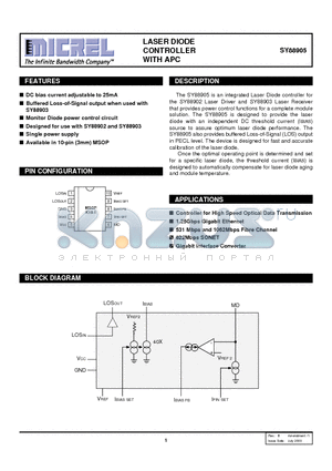 SY88905KC datasheet - LASER DIODE CONTROLLER WITH APC