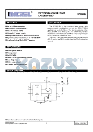 SY88912LMITR datasheet - 3.3V 3.2Gbps SONET/SDH LASER DRIVER