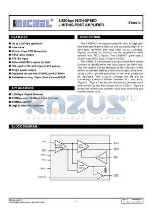 SY88913KCTR datasheet - 1.25Gbps HIGH-SPEED LIMITING POST AMPLIFIER