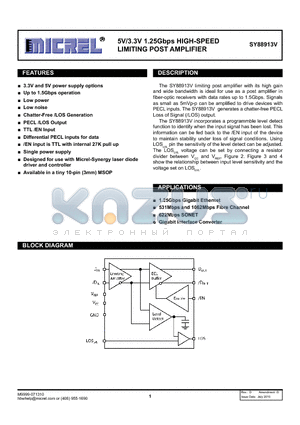 SY88913VKGTR datasheet - 5V/3.3V 1.25Gbps HIGH-SPEED LIMITING POST AMPLIFIER