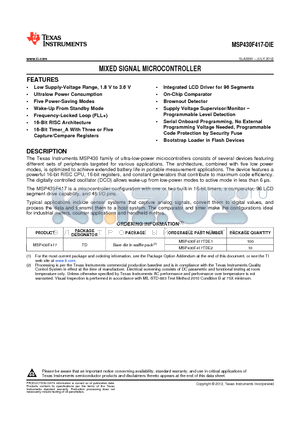 MSP430F417TDE1 datasheet - MIXED SIGNAL MICROCONTROLLER