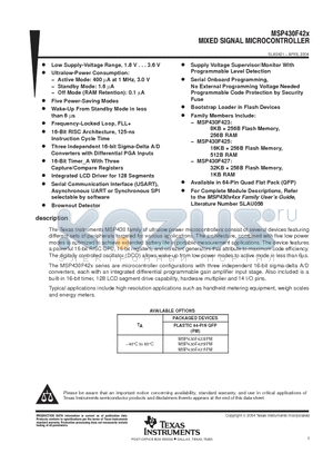 MSP430F423 datasheet - MIXED SIGNAL MICROCONTROLLER