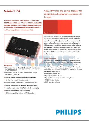 SAA7174 datasheet - Analog TV video and stereo decoder for computing and consumer applications in Europe