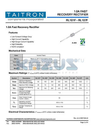 RL105F datasheet - 1.0A Fast Recovery Rectifier