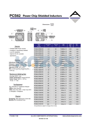 PCS62-4R7M-RC datasheet - Power Chip Shielded Inductors