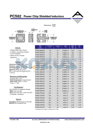 PCS62-8R2M-RC datasheet - Power Chip Shielded Inductors