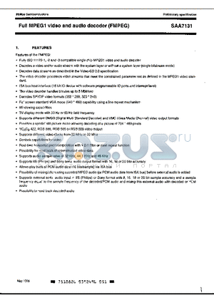 SAA7131 datasheet - FULL MPEG1 VIDEO AND AUDIO DECODER (FMPEG)