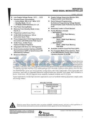 MSP430F425IPM datasheet - MIXED SIGNAL MICROCONTROLLER