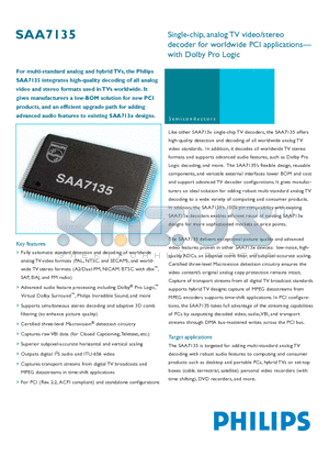 SAA7135 datasheet - Single-chip, analog TV video/stereo DECODER