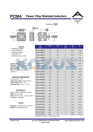 PCS64-271M-RC datasheet - Power Chip Shielded Inductors