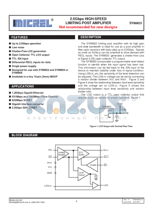 SY88923KCTR datasheet - 2.5Gbps HIGH-SPEED LIMITING POST AMPLIFIER Not recommended for new designs