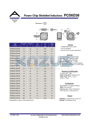 PCS6D38-2R7N-RC datasheet - Power Chip Shielded Inductors