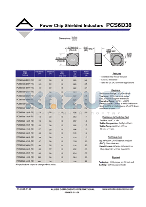 PCS6D38-6R2N-RC datasheet - Power Chip Shielded Inductors