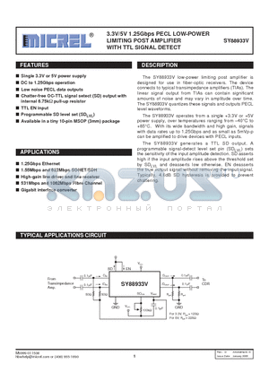 SY88933V datasheet - 3.3V/5V 1.25Gbps PECL LOW-POWER LIMITING POST AMPLIFIER WITH TTL SIGNAL DETECT