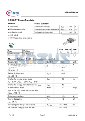 SPP08P06P datasheet - P-Channel Enhancement mode Avalanche rated dv/dt rated