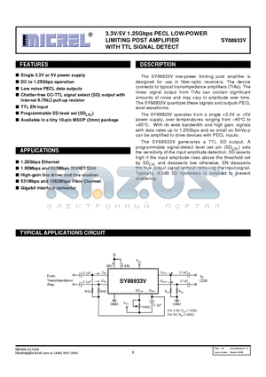 SY88933VKI datasheet - 3.3V/5V 1.25Gbps PECL LOW-POWER LIMITING POST AMPLIFIER WITH TTL SIGNAL DETECT