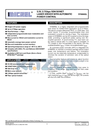 SY88952LMI datasheet - 3.3V, 2.7Gbps SDH/SONET LASER DRIVER WITH AUTOMATIC POWER CONTROL
