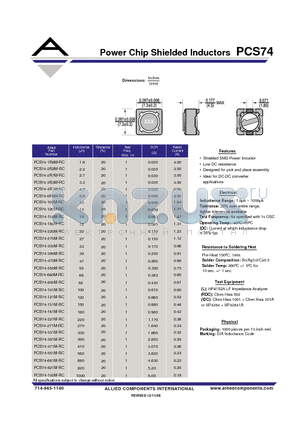 PCS74-150M-RC datasheet - Power Chip Shielded Inductors
