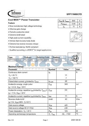 SPP11N60CFD datasheet - Cool MOS Power Transistor Feature New revolutionary high voltage technology