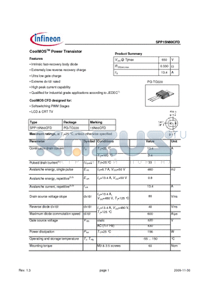 SPP15N60CFD_09 datasheet - CoolMOS Power Transistor