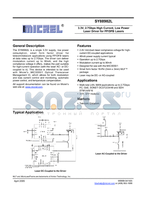 SY88982L datasheet - 3.3V, 2.7Gbps High Current, Low Power Laser Driver for FP/DFB Lasers