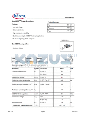 SPP15N65C3 datasheet - CoolMOSTM Power Transistor Features High peak current capability
