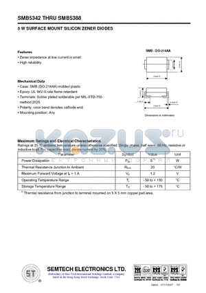 SMB5347 datasheet - 5 W SURFACE MOUNT SILICON ZENER DIODES