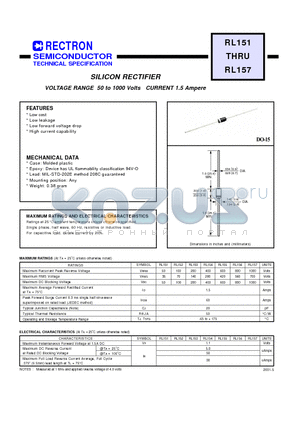 RL154 datasheet - SILICON RECTIFIER (VOLTAGE RANGE 50 to 1000 Volts CURRENT 1.5 Ampere)