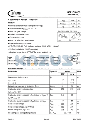 SPP17N80C3 datasheet - New revolutionary high voltage technology Worldwide best RDS(on) in TO 220 Ultra low gate charge