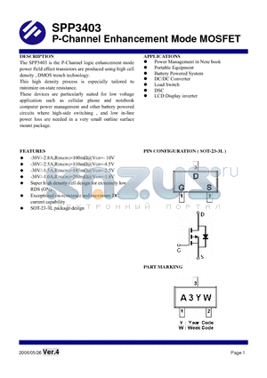 SPP3403 datasheet - P-Channel Enhancement Mode MOSFET