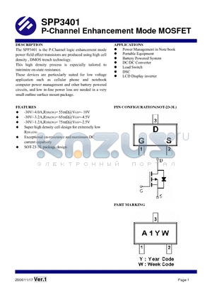 SPP3401 datasheet - P-Channel Enhancement Mode MOSFET