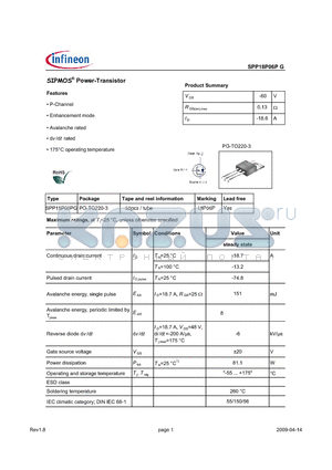 SPP18P06P_09 datasheet - SIPMOS^ Power-Transistor Features P-Channel Enhancement mode