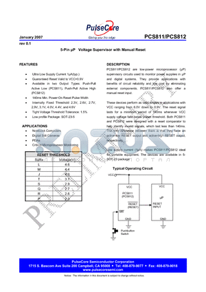 PCS812 datasheet - 5-Pin lP Voltage Supervisor with Manual Reset