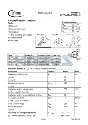 SPP70N10L datasheet - SIPMOS Power-Transistor