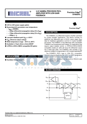 SY89207LMITR datasheet - 3.3V 800MHz PRECISION PECL AMPLIFIER WITH LOW-GAIN FEEDBACK