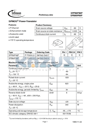 SPP80P06P datasheet - SIPMOS Power-Transistor
