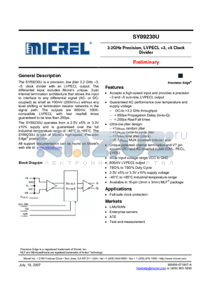 SY89230UMG datasheet - 3.2GHz Precision, LVPECL 3, 5 Clock Divider