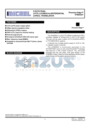 SY89322V datasheet - LVTTL/LVCMOS-to-DIFFERENTIAL LVPECL TRANSLATOR