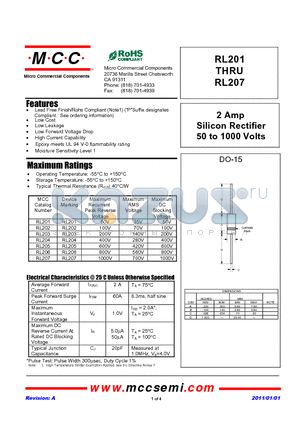 RL201_11 datasheet - 2 Amp Silicon Rectifier 50 to 1000 Volts