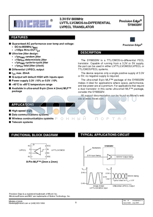 SY89329V datasheet - 3.3V/5V 800MHz LVTTL/LVCMOS-to-DIFFERENTIAL LVPECL TRANSLATOR