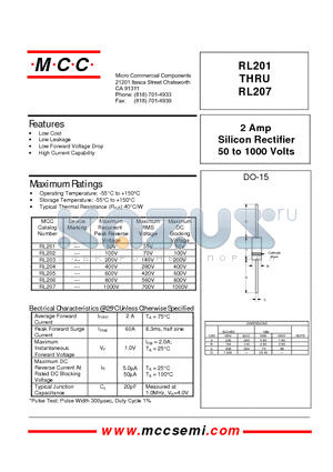 RL202 datasheet - 2 Amp Silicon Rectifier 50 to 1000 Volts
