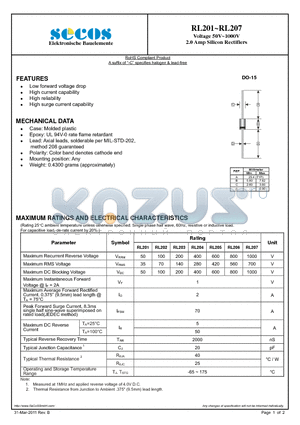 RL202 datasheet - Voltage Range 50 to 1000 V 2.0 AMP Silicon Rectifiers