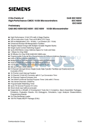 SAB80C166W-M-T3 datasheet - C16x-Family of High-Performance CMOS 16-Bit Microcontrollers