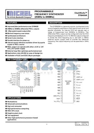 SY89429A datasheet - PROGRAMMABLE FREQUENCY SYNTHESIZER 25MHz to 400MHz