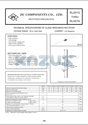 RL202G datasheet - TECHNICAL SPECIFICATIONS OF GLASS PASSIVATED RECTIFIER