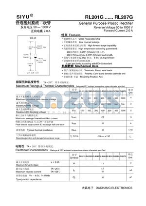 RL202G datasheet - General Purpose Plastic Rectifier Reverse Voltage 50 to 1000 V Forward Current 2.0 A